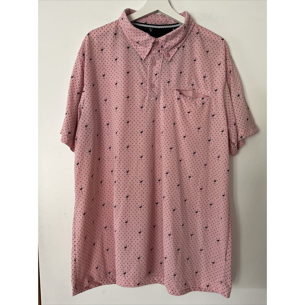 Reset Polo Shirt Mens XXL Short Sleeve Stretch Knit Novelty Print Pink Flamingos